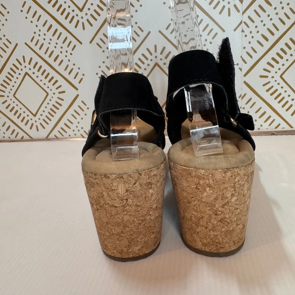 Clarks‎ Suede Cork Sandal Women 10 Black Wedge Slingback Buckle Boho Vacation